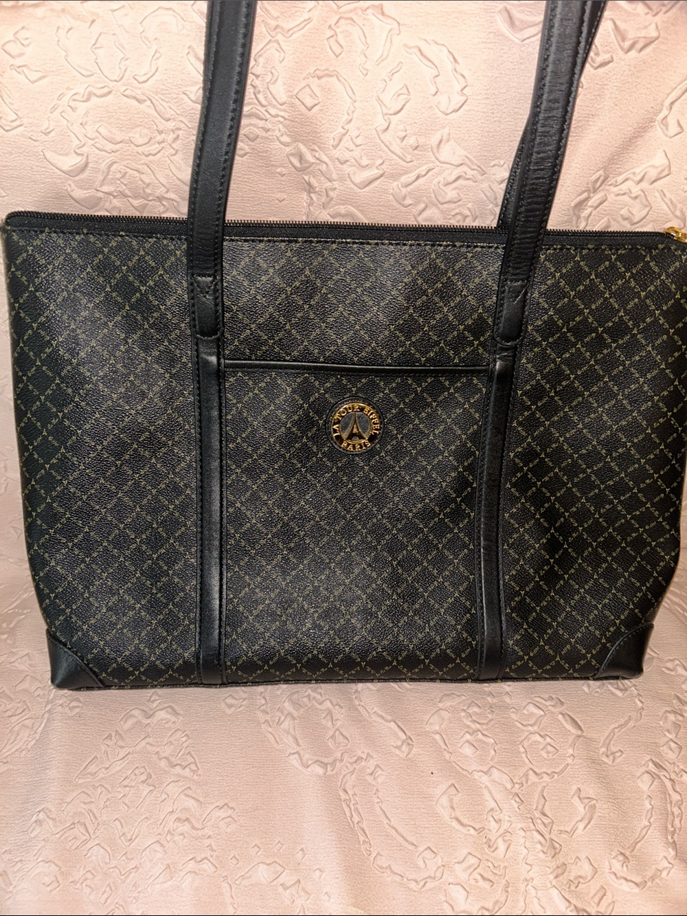 Vintage La Tour Eiffel Paris Black Shoulder Tote with Gold Medallion
